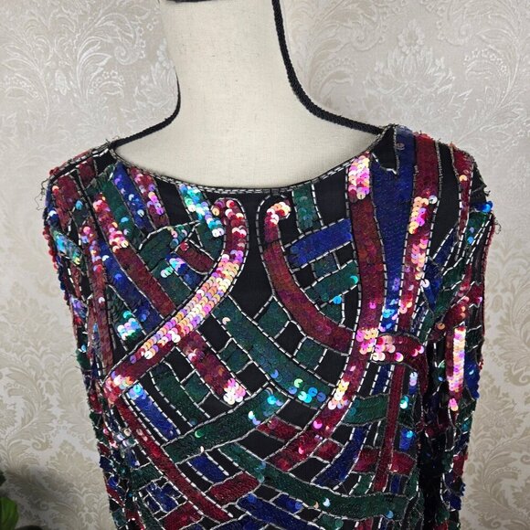 Vintage 80's Silk Sequin Beaded Evening Blouse Blue Green Fuchsia Black - Picture 2 of 16